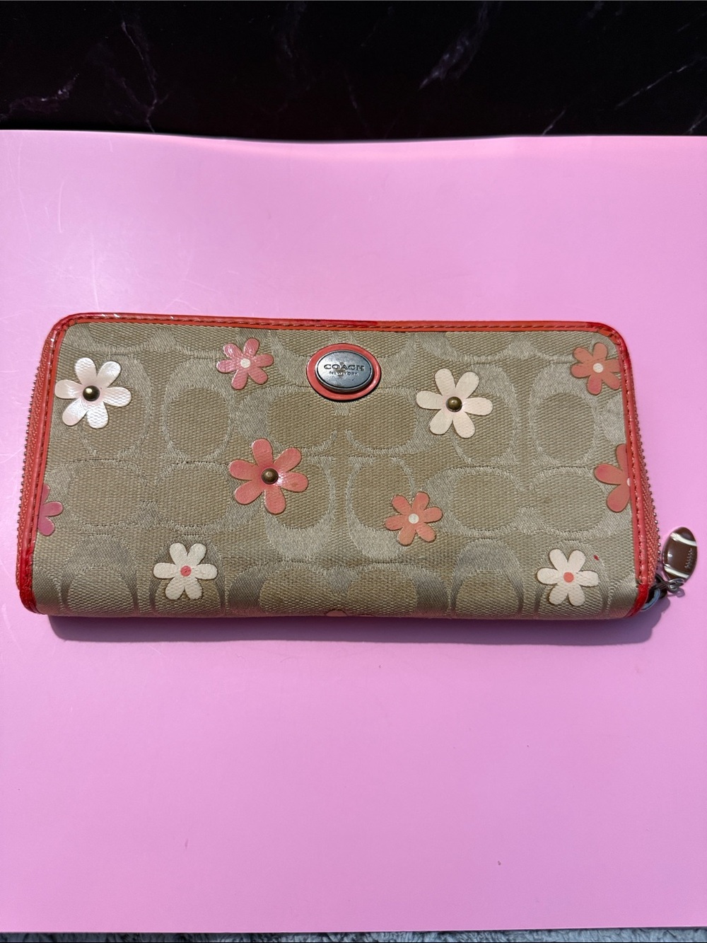 Coach Signature Floral Zip Wallet in Beige and Pink